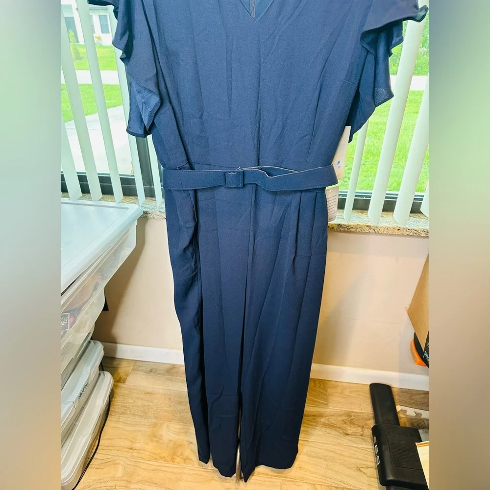 Eliza J Navy Blue V-Neck Cap Sleeves Belted Wide Leg Jumpsuit Plus  Sz 20W NEW